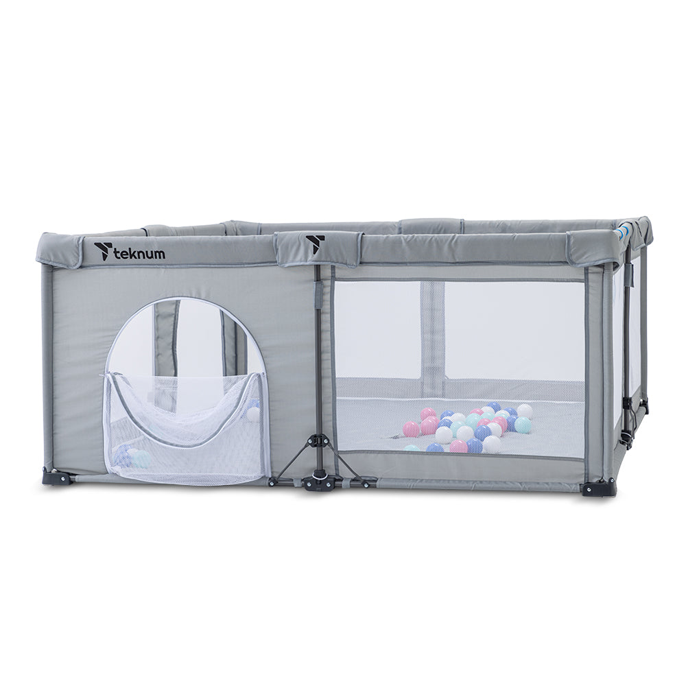 TEKNUM One - Minute Fold - Unfold Playpen, Large 150 x 180 cm with Mattress and Balls - Grey