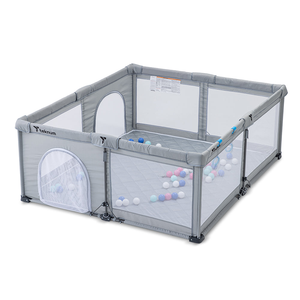 حظيرة لعب تكنوم وان - مينيت فولد - قابلة للطي، كبيرة 150 × 180 سم مع مرتبة وكرات - رمادي