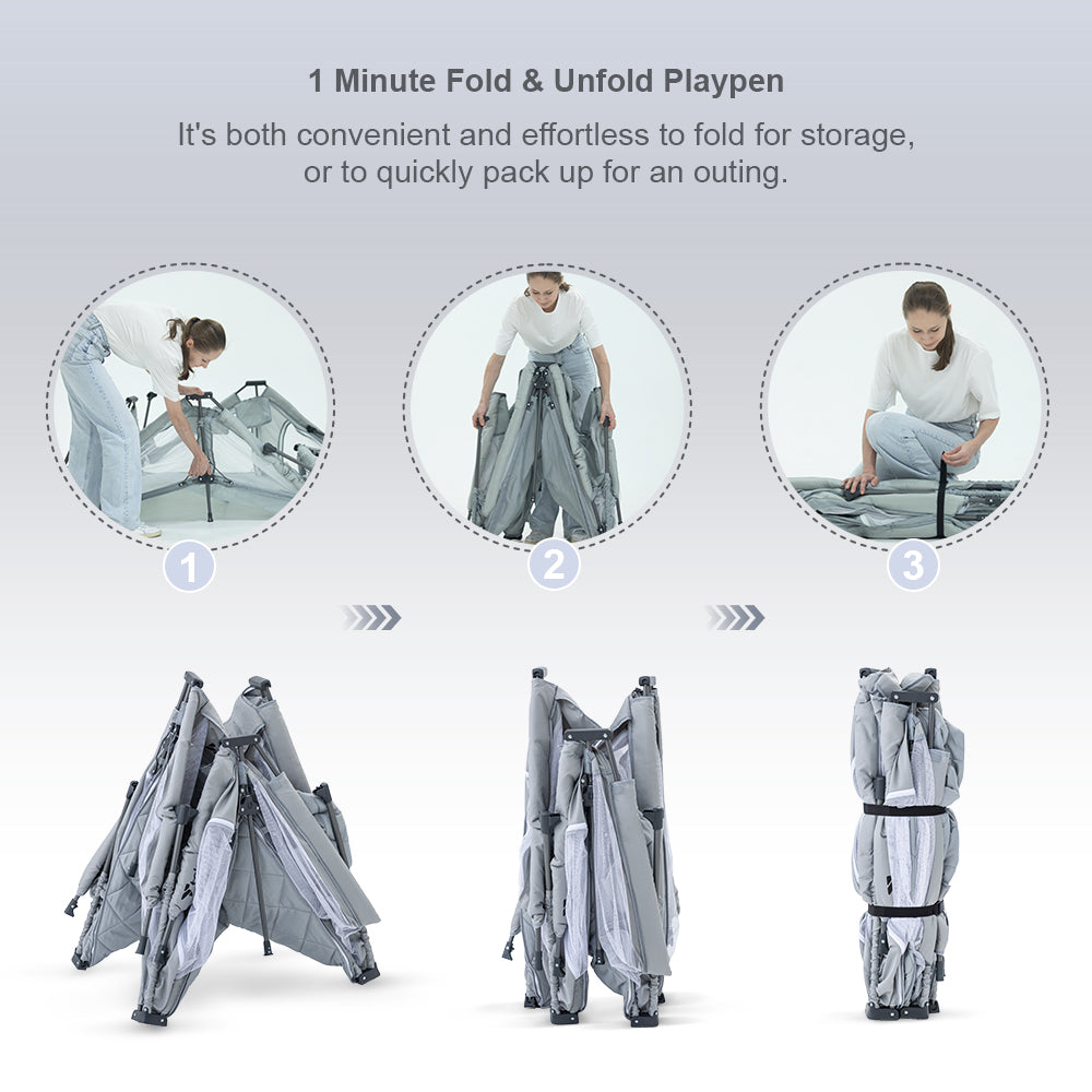 حظيرة لعب تكنوم وان - مينيت فولد - قابلة للطي، كبيرة 150 × 180 سم مع مرتبة وكرات - رمادي