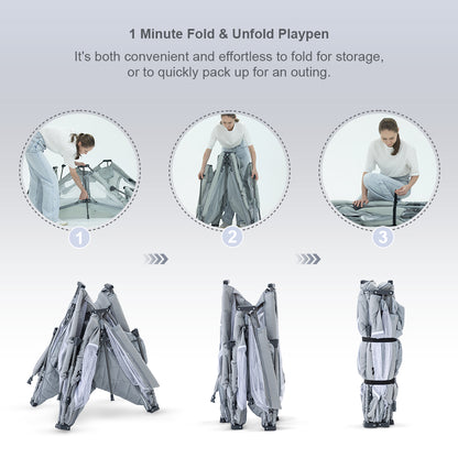 حظيرة لعب تكنوم وان - مينيت فولد - قابلة للطي، كبيرة 150 × 180 سم مع مرتبة وكرات - رمادي