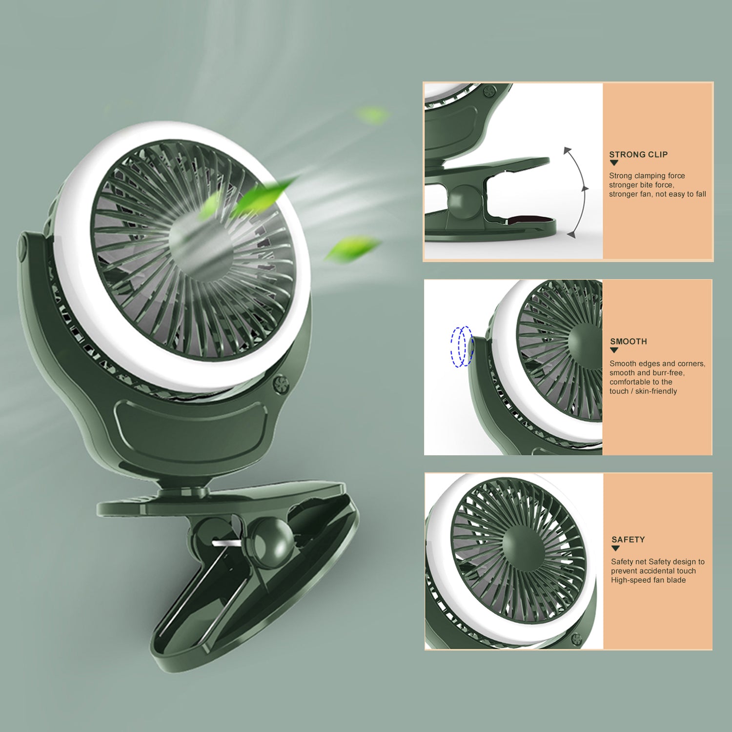 TEKNUM 2 - IN - 1 Stroller USB Charging Fan with Light - Green