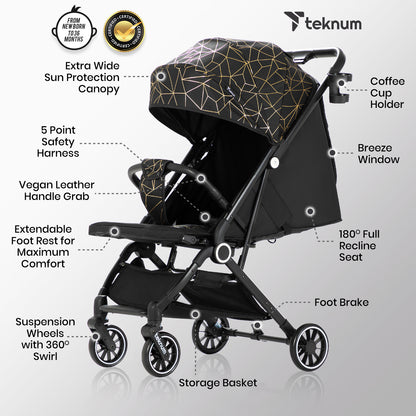 عربة أطفال TEKNUM TravelZen مع حامل أكواب قهوة - أسود ذهبي