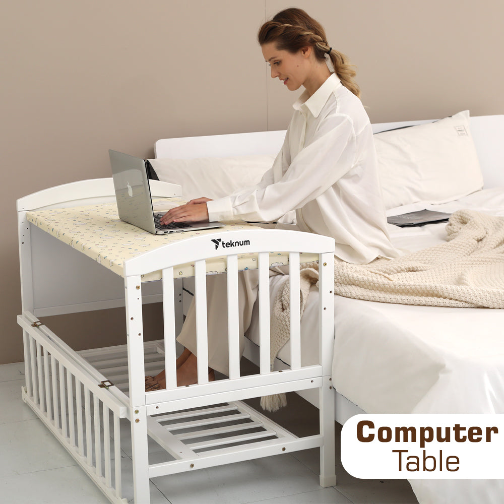 TEKNUM - 7 - in - 1 Convertible Kids Bed & Bedside Crib w/Mattress, Mosquito net & Detachable Wheels(0 - 12yrs) - White