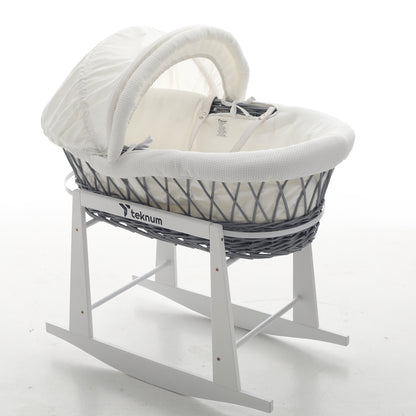 TEKNUM Infant Wicker Moses Basket with White Waffle Beddings & White Rocker Stand - Wooden Grey