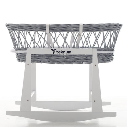 TEKNUM Infant Wicker Moses Basket with White Waffle Beddings & White Rocker Stand - Wooden Grey