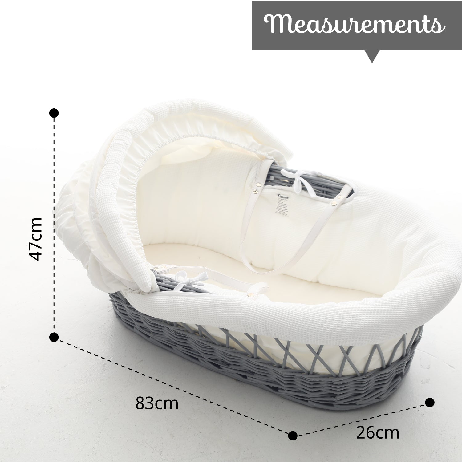TEKNUM Infant Wicker Moses Basket with White Waffle Beddings & White Rocker Stand - Wooden Grey