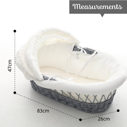 TEKNUM Infant Wicker Moses Basket with White Waffle Beddings & White Rocker Stand - Wooden Grey