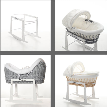 TEKNUM Infant Wicker Moses Basket with White Waffle Beddings & White Rocker Stand - Wooden Grey
