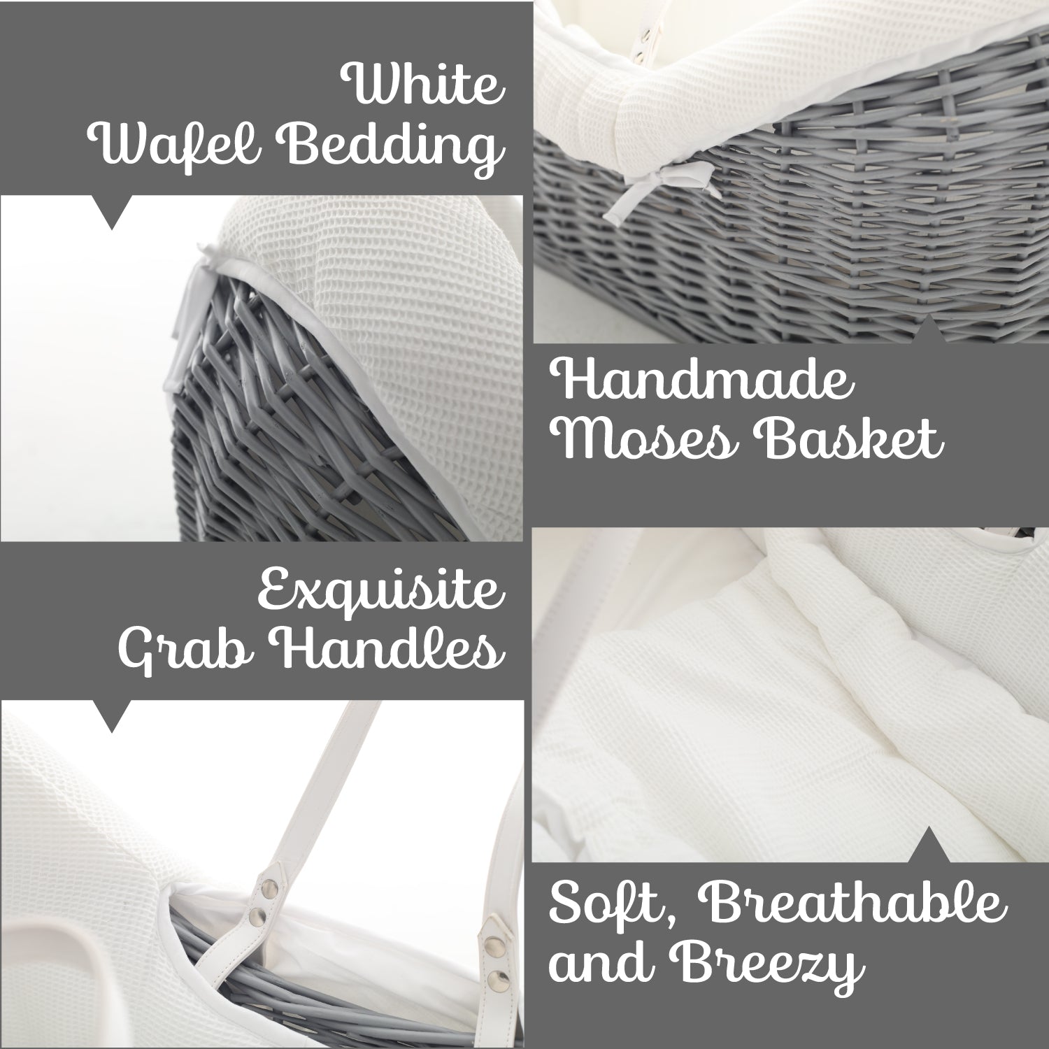 TEKNUM Infant Wicker Pod Moses Basket with White Waffle Beddings - Wooden Grey
