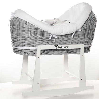 TEKNUM Infant Wicker Pod Moses Basket with White Waffle Beddings & White Rocker Stand - Wooden Grey