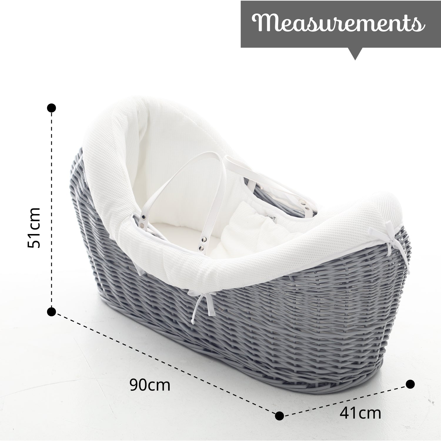 TEKNUM Infant Wicker Pod Moses Basket with White Waffle Beddings & White Rocker Stand - Wooden Grey