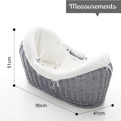 TEKNUM Infant Wicker Pod Moses Basket with White Waffle Beddings & White Rocker Stand - Wooden Grey