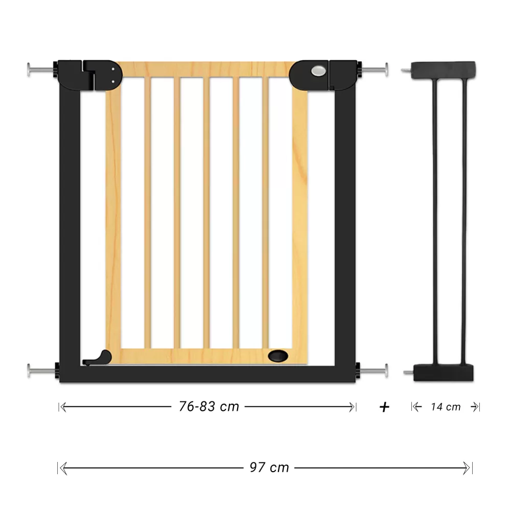 Baby Safe Wooden Safety Gate w/t 14cm Black Extension - Natural Wood