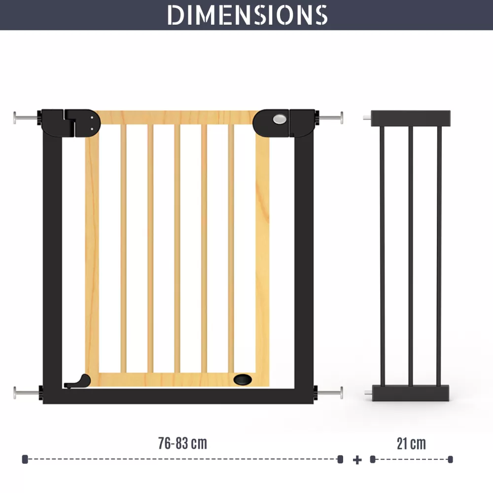 Baby Safe Wooden Safety Gate w/t 21cm Black Extension - Natural Wood