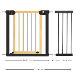 Baby Safe Wooden Safety Gate w/t 28cm Black Extension - Natural Wood