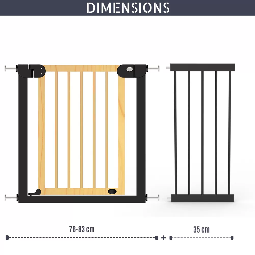 Baby Safe Wooden Safety Gate w/t 35cm Black Extension - Natural Wood