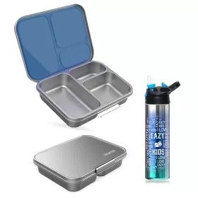 Eazy Kids 3 Compartment Bento Steel Lunch Box with Stainless Steel 530ml Water Bottle - Blue