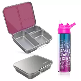 Eazy Kids 3 Compartment Bento Steel Lunch Box with Stainless Steel 530ml Water Bottle - Pink