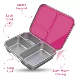 Eazy Kids 3 Compartment Bento Steel Lunch Box with Stainless Steel 530ml Water Bottle - Pink