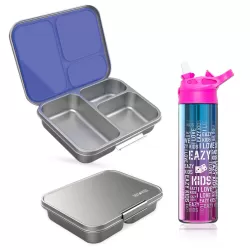 Eazy Kids 3 Compartment Bento Steel Lunch Box with Stainless Steel 530ml Water Bottle - Purple