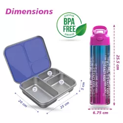 Eazy Kids 3 Compartment Bento Steel Lunch Box with Stainless Steel 530ml Water Bottle - Purple