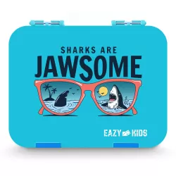 Eazy Kids 6/4 Compartment Bento Lunch Box w/ Lunch Bag and Steel Food Jar Jawsome-Blue