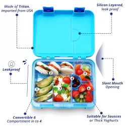 Eazy Kids 6/4 Compartment Bento Lunch Box w/ Lunch Bag and Steel Food Jar Jawsome-Blue