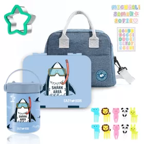 Eazy Kids 4 Compartment Bento Lunch Box w/ Lunch Bag and Steel Food Jar Shark-Blue