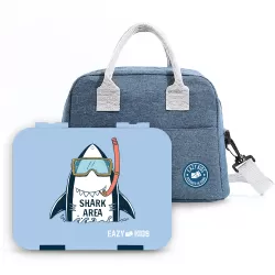 Eazy Kids 4 Compartment Bento Lunch Box w/ Lunch Bag and Steel Food Jar Shark-Blue