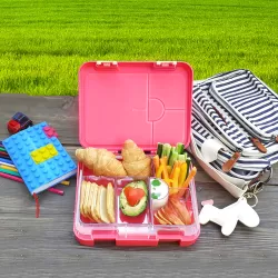 Eazy Kids 6/4 Compartment Bento Lunch Box w/ Lunch Bag and Steel Food Jar Tropical-Pink