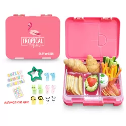 Eazy Kids 6/4 Compartment Bento Lunch Box w/ Lunch Bag and Steel Food Jar Tropical-Pink