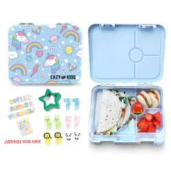 Eazy Kids 4 Compartment Bento Lunch Box w/ Lunch Bag and Steel Food Jar Unicorn-Blue