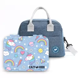 Eazy Kids 4 Compartment Bento Lunch Box w/ Lunch Bag and Steel Food Jar Unicorn-Blue