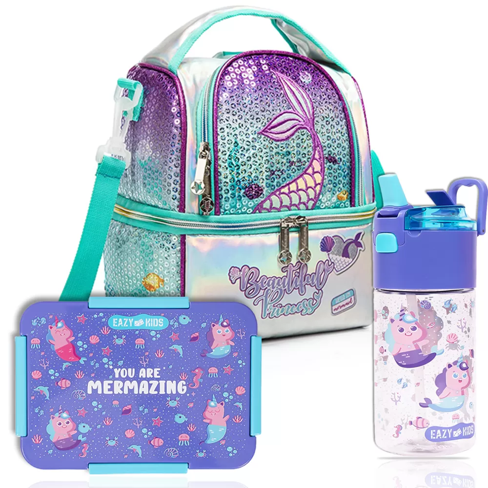 Eazy Kids Lunch Bag and Activity Backpack Set of 3 Mermaid-Purple Green