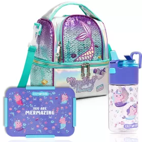 Eazy Kids Lunch Bag and Activity Backpack Set of 3 Mermaid-Purple Green