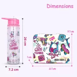 Eazy Kids 5 & 4 Convertible Bento Lunch Box w/ 550ml Double Wall Water Bottle and Spoon Fork Set - It's Girl Thing Pink