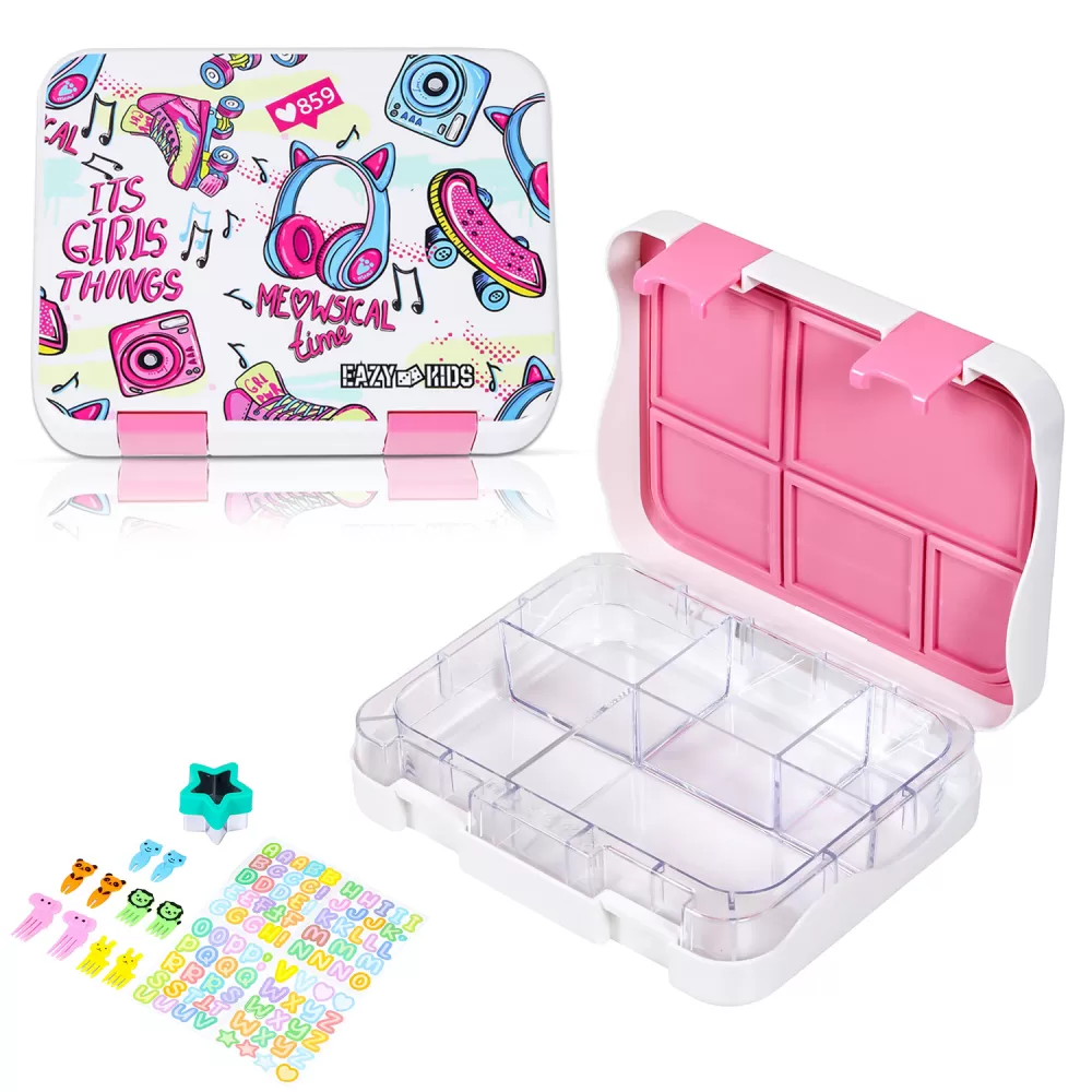 Eazy Kids 5 &amp; 4 Convertible Bento Lunch Box w/ 550ml Double Wall Water Bottle and Spoon Fork Set - It&#039;s Girl Thing Pink