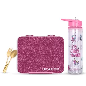 Eazy Kids 6 & 4 Convertible Bento Lunch Box w/ 550ml Double Wall Water Bottle and Spoon Fork Set - Glitter Pink