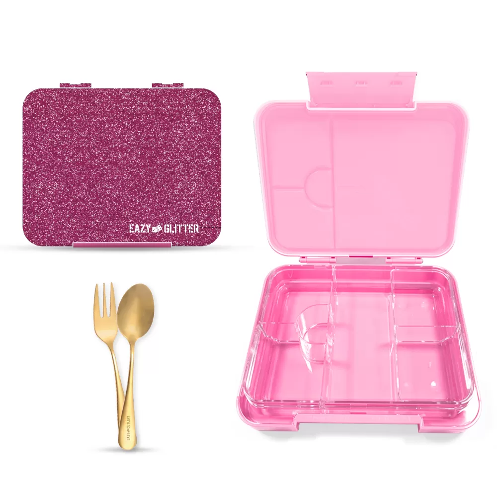 Eazy Kids 6 &amp; 4 Convertible Bento Lunch Box w/ 550ml Double Wall Water Bottle and Spoon Fork Set - Glitter Pink