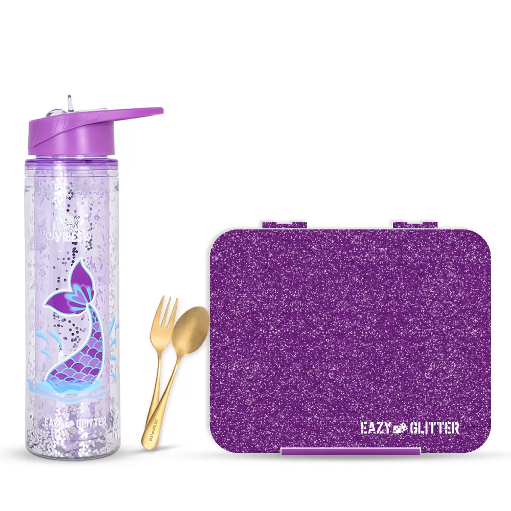 Eazy Kids 6 &amp; 4 Convertible Bento Lunch Box w/ 550ml Double Wall Water Bottle and Spoon Fork Set - Glitter Purple