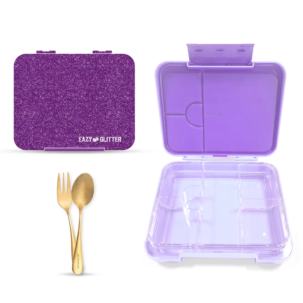 Eazy Kids 6 &amp; 4 Convertible Bento Lunch Box w/ 550ml Double Wall Water Bottle and Spoon Fork Set - Glitter Purple