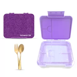 Eazy Kids 6 & 4 Convertible Bento Lunch Box w/ 550ml Double Wall Water Bottle and Spoon Fork Set - Glitter Purple