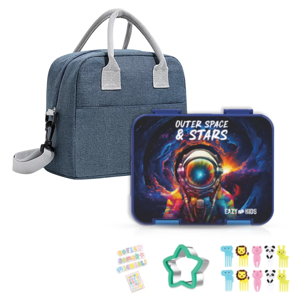 Eazy Kids 6 &amp; 4 Convertible Bento Lunch Box with Lunch Bag and Sandwich Cutter Set - Outer Space Blue