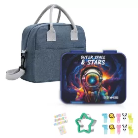 Eazy Kids 6 & 4 Convertible Bento Lunch Box with Lunch Bag and Sandwich Cutter Set - Outer Space Blue