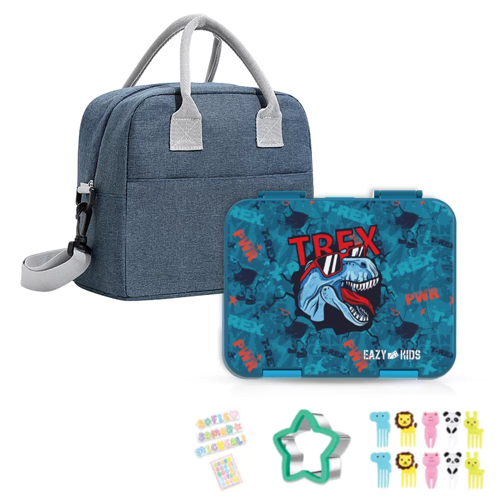 Eazy Kids 6 & 4 Convertible Bento Lunch Box with Lunch Bag and Sandwich Cutter Set - TREX Blue