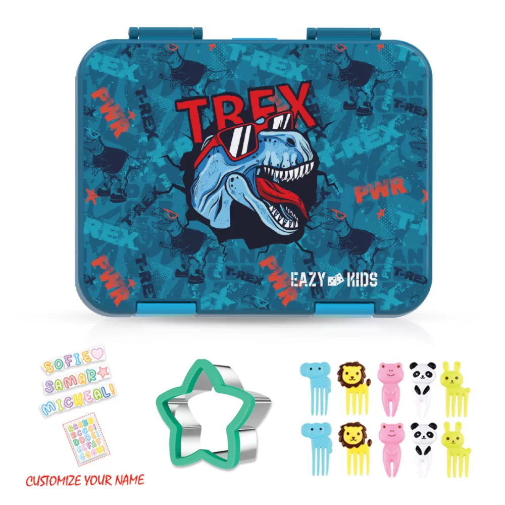 Eazy Kids 6 &amp; 4 Convertible Bento Lunch Box with Lunch Bag and Sandwich Cutter Set - TREX Blue