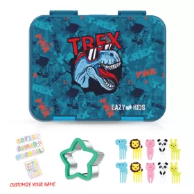 Eazy Kids 6 & 4 Convertible Bento Lunch Box with Lunch Bag and Sandwich Cutter Set - TREX Blue