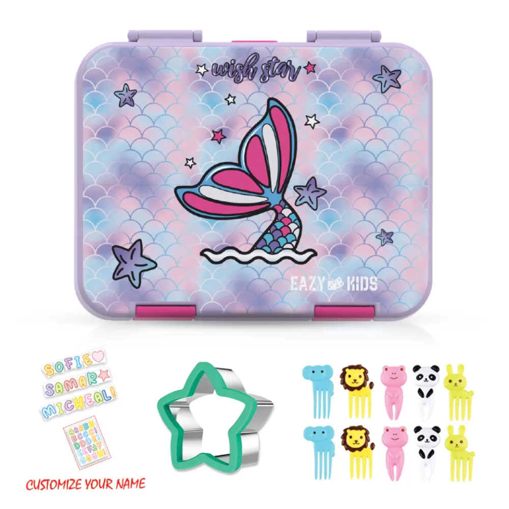 Eazy Kids 6 &amp; 4 Convertible Bento Lunch Box with Lunch Bag and Sandwich Cutter Set - Mermaid Purple