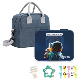 Eazy Kids 6 & 4 Convertible Bento Lunch Box with Lunch Bag and Sandwich Cutter Set - Space KSA Blue