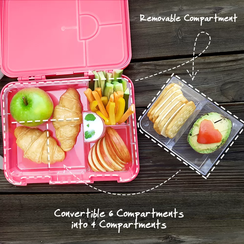 Eazy Kids 6 &amp; 4 Convertible Bento Lunch Box with Stainless Steel 640ml Water Bottle and Sandwich Cutter Set &amp; Food Jar - Tropical Pink